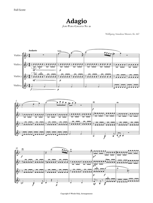Andante from Piano Concerto No. 21 by Mozart for Violin Quartet (Arr. Ander) (String Quartet)
