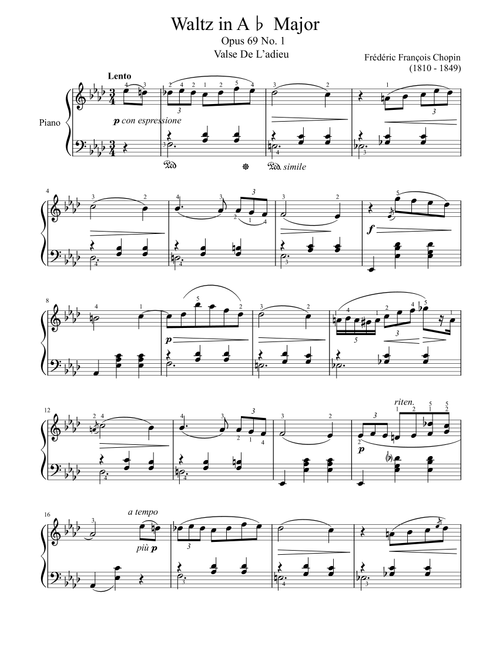 Chopin, Waltz Op.69 No.1 in A-flatMajor, Valse De Ladieu, Original With Fingering (Arr. poon) - Frédéric François Chopin (Piano Solo)