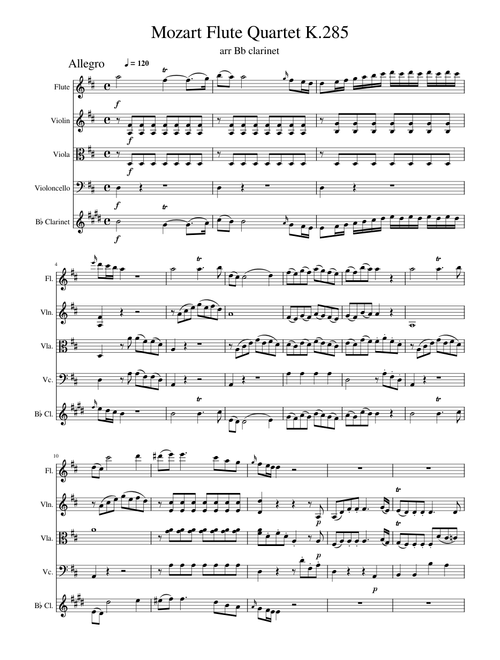 Flute Quartet in D major, K.285 – Wolfgang Amadeus Mozart (with Bb clarinet alternative to flute)