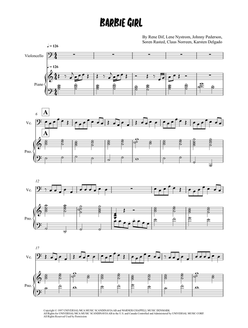 Barbie Girl (Arr. Grant Golding) - Aqua (Cello and Piano)