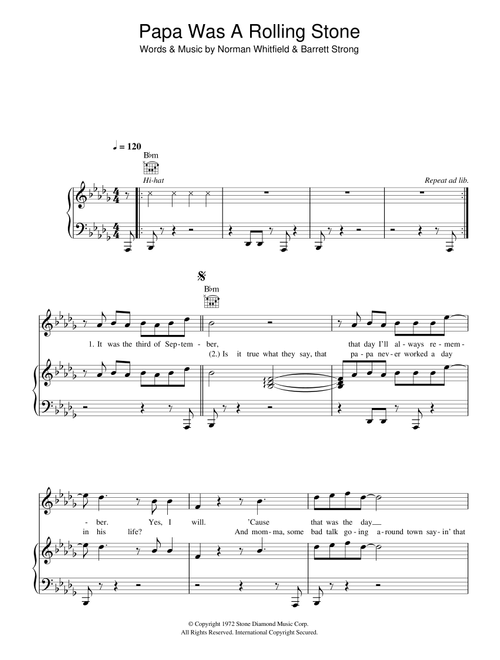 Papa Was A Rollin' Stone - The Temptations, The Commitments (Piano-Vocal-Guitar)