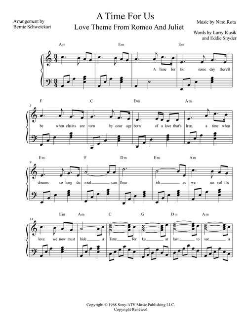 A Time For Us (love Theme) (Arr. Bernie Schweickart) - Nino Rota (Piano-Vocal-Guitar (Piano Accompaniment))