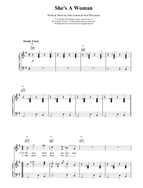 She's A Woman - The Beatles (Piano-Vocal-Guitar (Piano Accompaniment))