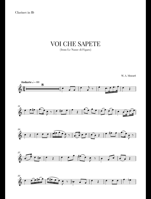 Mozart - Voi Che Sapete (for Clarinet) (Arr. Cadenza Editions) - Wolfgand Amadeus Mozart (Clarinet Solo)