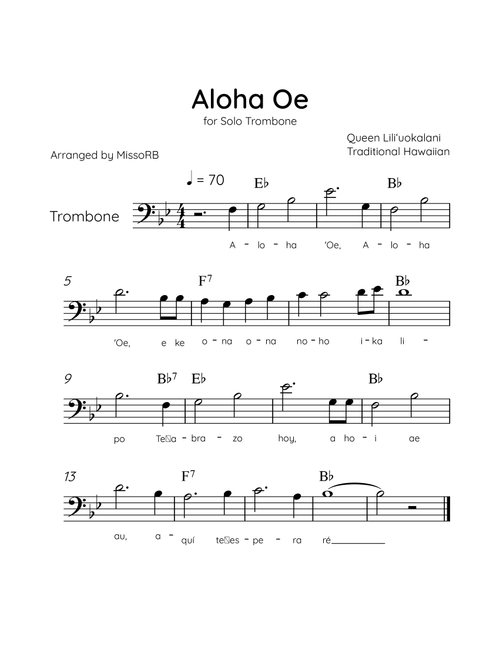 Aloha Oe - Solo Trombone in Bb Major Easy With Lyrics & Chords (Arr. MissoRB) - Queen Liliʻuokalani (Trombone Solo)