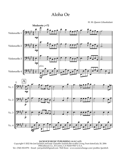 Aloha Oe (arranged for cello quartet) (Arr. Joel Jacklich (ASCAP)) - H. M. Queen Liluokalani (String Quartet)