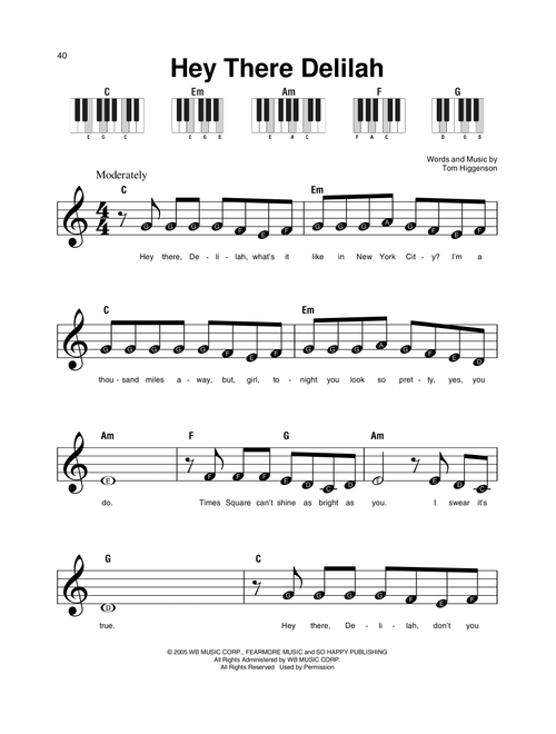 Hey There Delilah - Tom Higgenson (Super Easy Piano)