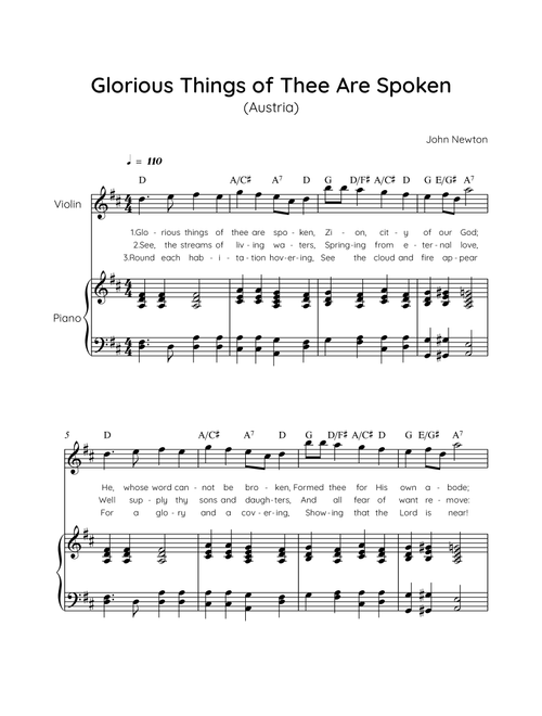 Glorious Things of Thee Are Spoken (Austria) - Violin with Piano in D Easy with Chords and Lyrics (Arr. MissoRB) - John Newton (Violin and Piano)