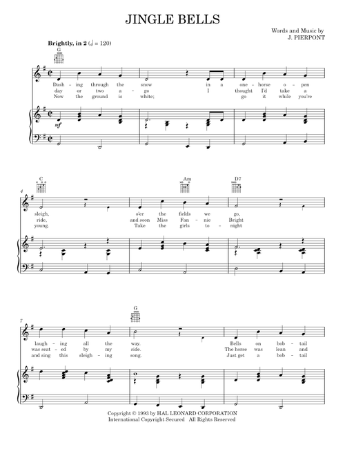 Jingle Bells - J. Pierpont (Piano-Vocal-Guitar)
