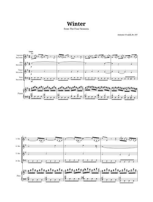 Largo from Winter by Vivaldi for Recorder Quartet and Piano (Arr. Langanho) - Antonio Vivaldi (Recorder Ensemble)