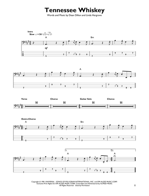 Tennessee Whiskey - Chris Stapleton, George Jones (Easy Bass Tab)