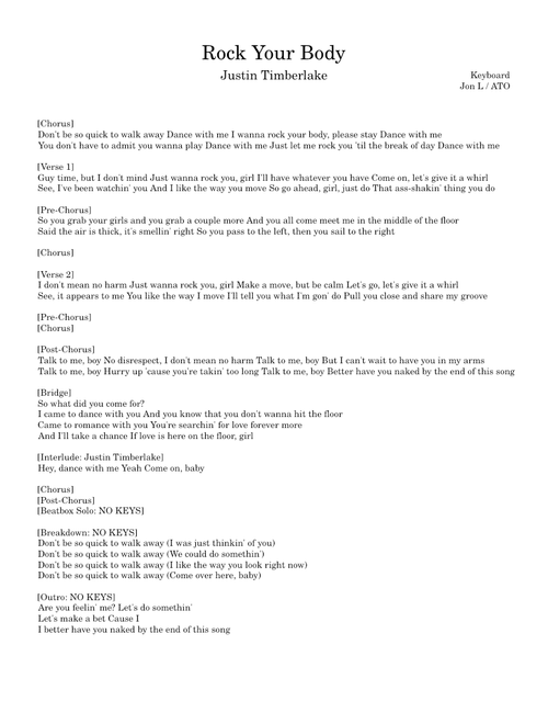 Rock your body – Justin Timberlake (Keyboard Lead Sheet)