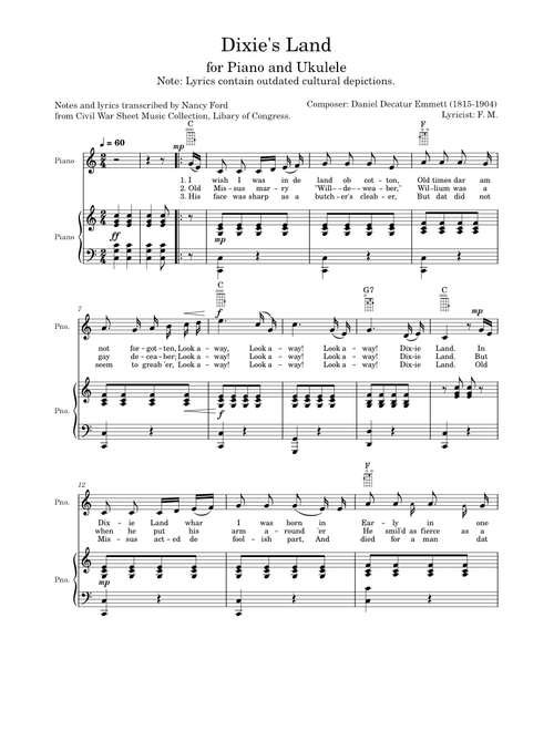 Dixie's Land – Daniel D. Emmett (Ukulele and Piano)