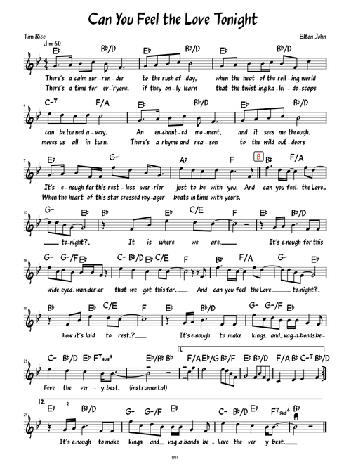Can You Feel the Love Tonight (Lead sheet with lyrics )