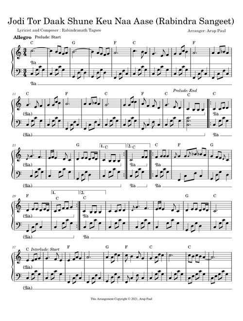 Jodi Tor Daak Shune Keu Naa Aase Rabindra Sangeet Piano Solo Version Staff Notation By Arup Paul