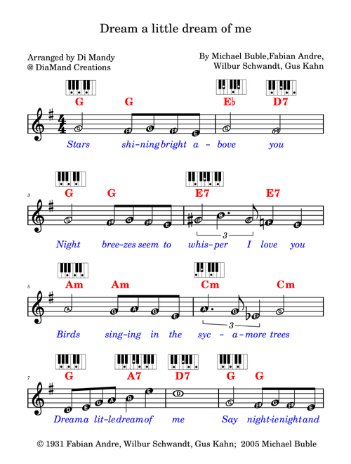 Dream a little dream of me (Arr. Dianne Mandy) - Michael Buble (Lead Sheet - Fake Book)