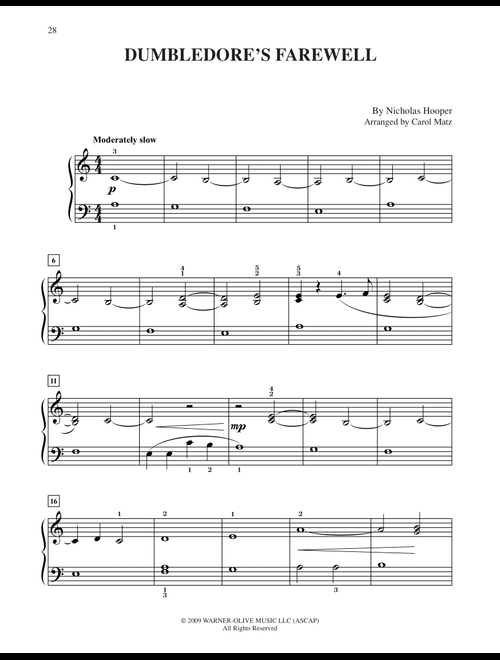 Dumbledore's Farewell (from Harry Potter) (arr. Carol Matz) - Nicholas Hooper (Big Note Piano)