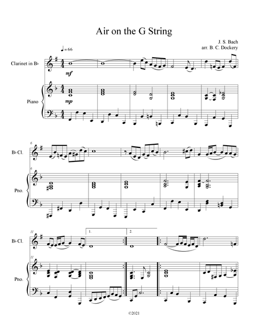 Air on the G String (Clarinet Solo with Piano Accompaniment) (Arr. B. C. Dockery) - J S Bach (Clarinet and Piano)