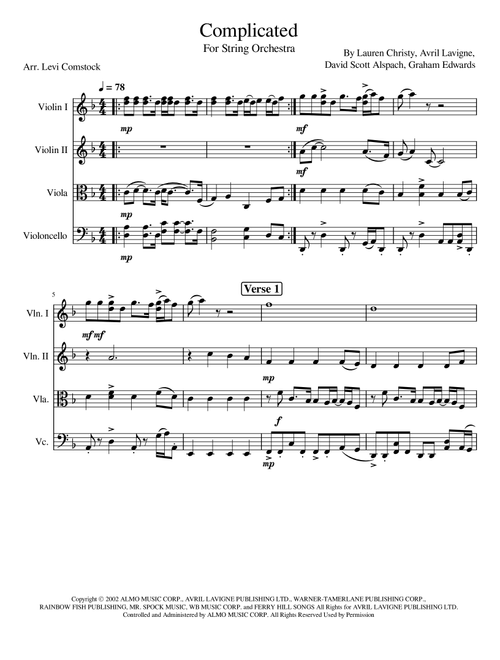 Complicated (Arr. Levi Comstock) - Avril Lavigne (String Quartet)
