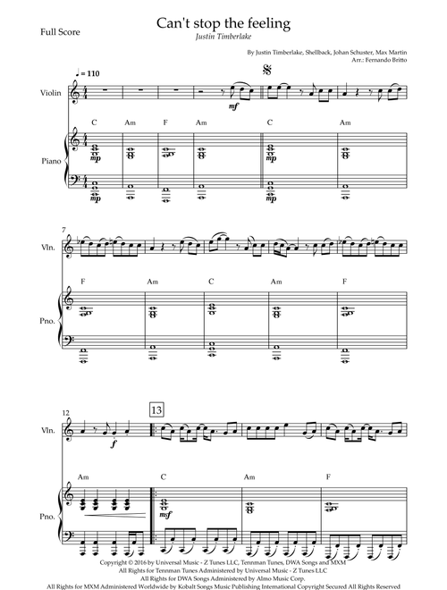 Can't Stop The Feeling! (Arr. Fernando Britto) - Justin Timberlake (Violin and Piano)