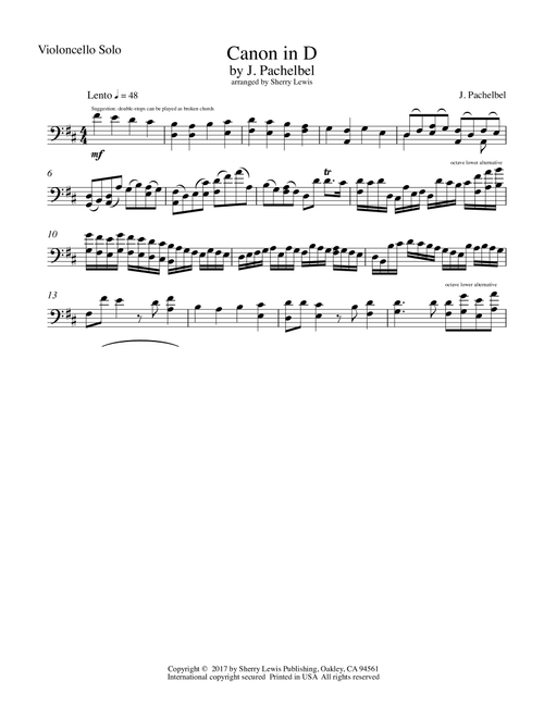 Canon in D for Cello Solo (Arr. Sherry Lewis) - J. Pachelbel (Cello Solo)
