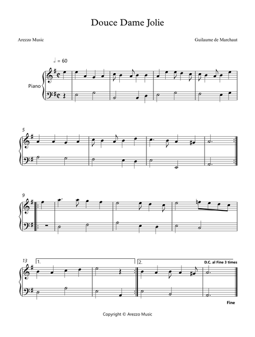 Douce Dame Jolie - Easy Piano Arrangement (Arr. Arezzo Music) - Guillaume de Machaut (Easy Piano)
