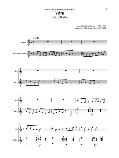 Anacleto de Medeiros - Yára. Arrangement for Violin and Classical Guitar. Score and Separated Parts (Arr. Guilherme Facchetti) (Instrumental Duet)
