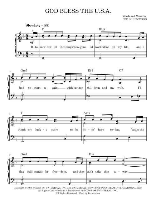 God Bless The U.S.A. - Lee Greenwood (Easy Piano)