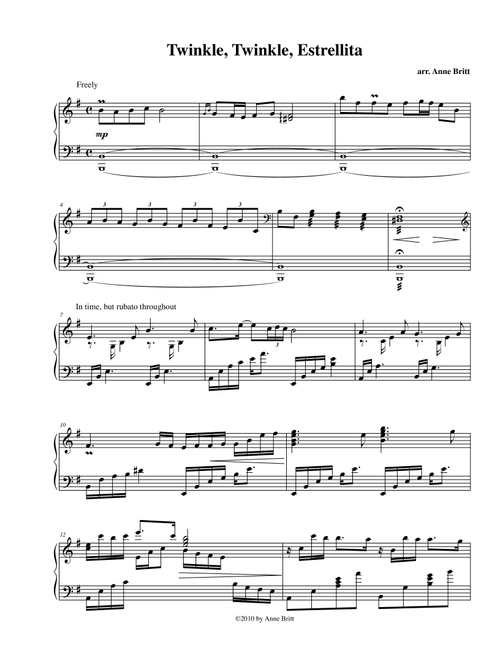 Twinkle, Twinkle, Estrellita (Latin remix of "Twinkle, Twinkle, Little Star") - late intermediate ve (Arr. Anne Britt) (Piano Solo)