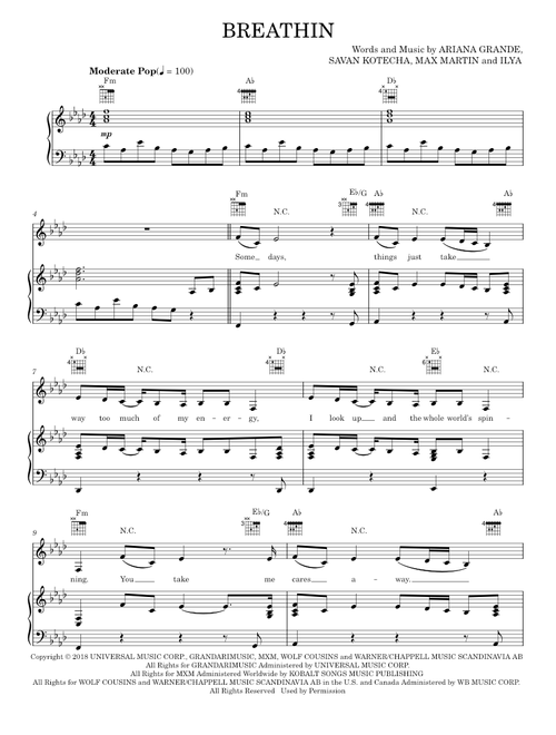 Breathin - Ariana Grande (Piano-Vocal-Guitar)