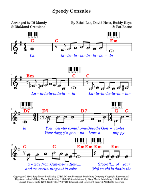 Speedy Gonzales (Arr. Dianne Mandy) - Pat Boone (Lead Sheet - Fake Book)