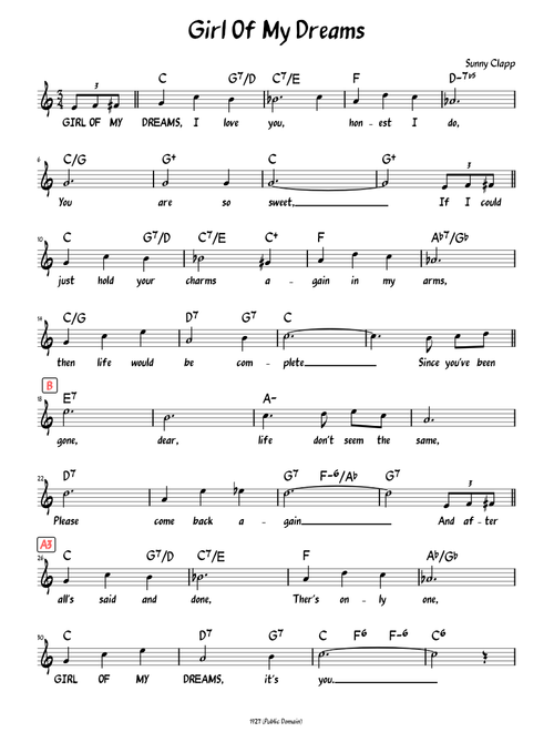 Girl Of My Dreams (Sunny Clapp) (Lead sheet with lyrics )