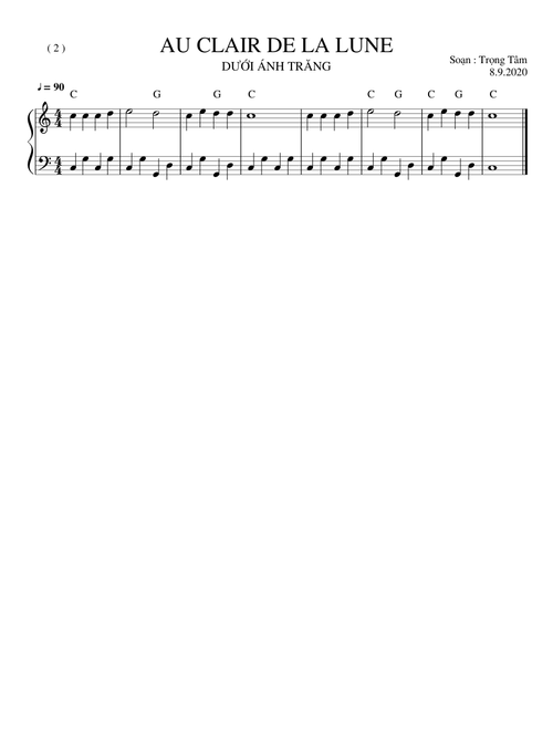 SHEET PIANO 2 AU CLAIR DE LA LUNE DƯỚI ÁNH TRĂNG TRT