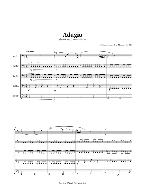 Andante from Piano Concerto No. 21 by Mozart for Cello Quintet (Arr. Ander) (String Ensemble)