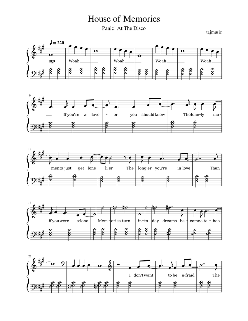 House Of Memories- Panic! At The Disco Sheet Music for Piano (Solo