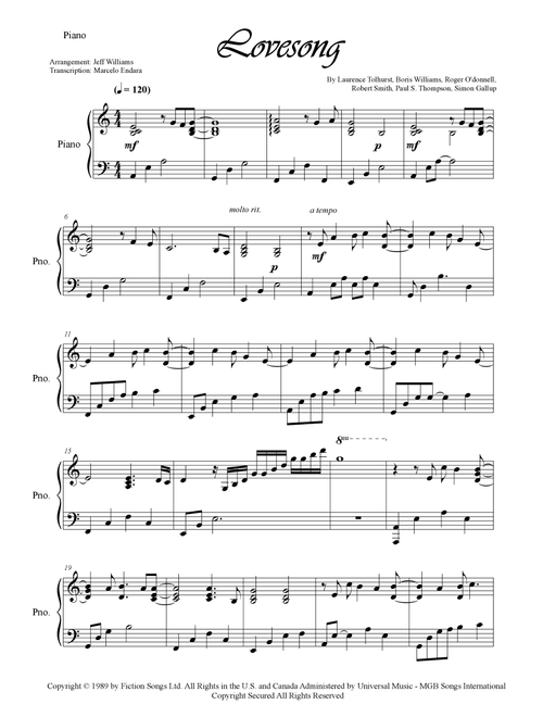 Lovesong (Arr. Jeff Williams) - The Cure (Piano Solo)