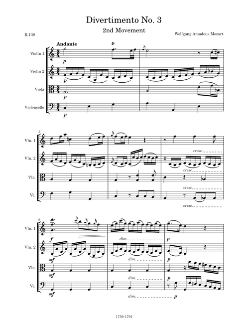 Divertimento No. 3 in F Major, K.138, 2nd Movement (Andante) – Wolfgang Amadeus Mozart