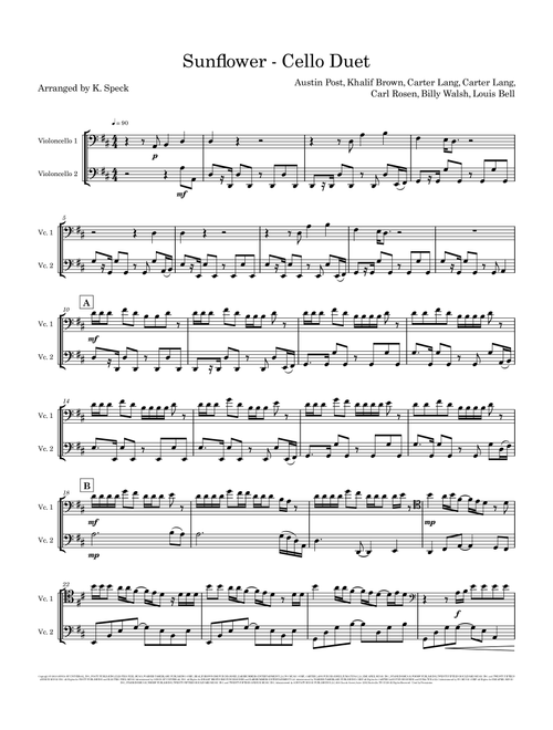 Sunflower (Arr. K. Speck) - Post Malone & Swae Lee (Cello Duet)