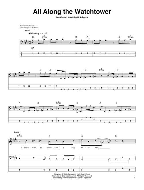 All Along The Watchtower - Jimi Hendrix, U2, Bob Dylan (Bass Tab)
