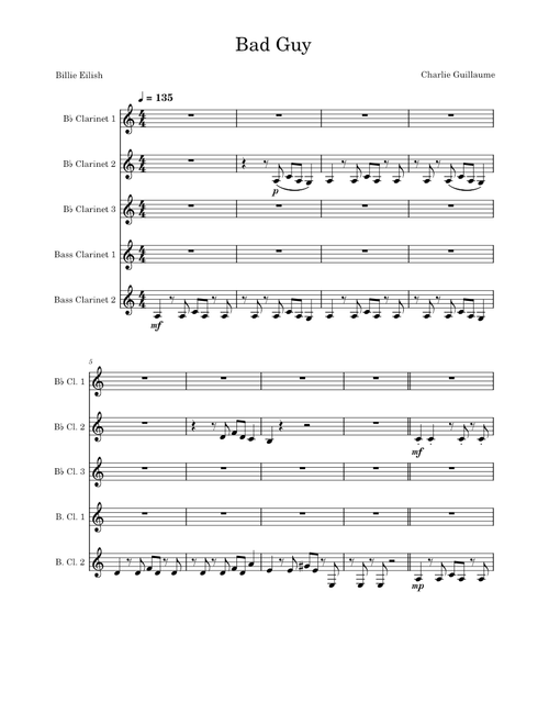Bad Guy by Billie Eilish - Clarinet and Bass Clarinet Quintet