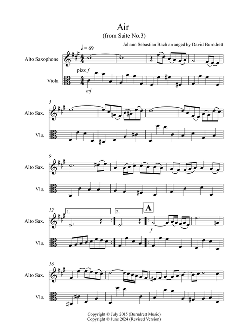 Air on a G String for Alto Saxophone and Viola Duet (Arr. David Burndrett) - Johann Sebastian Bach (Instrumental Duet)