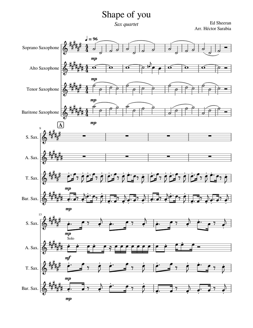 Shape of you/Sax quartet Sheet music for Saxophone alto, Saxophone ...