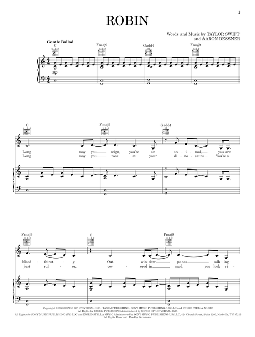 Robin - Taylor Swift (Piano-Vocal-Guitar)