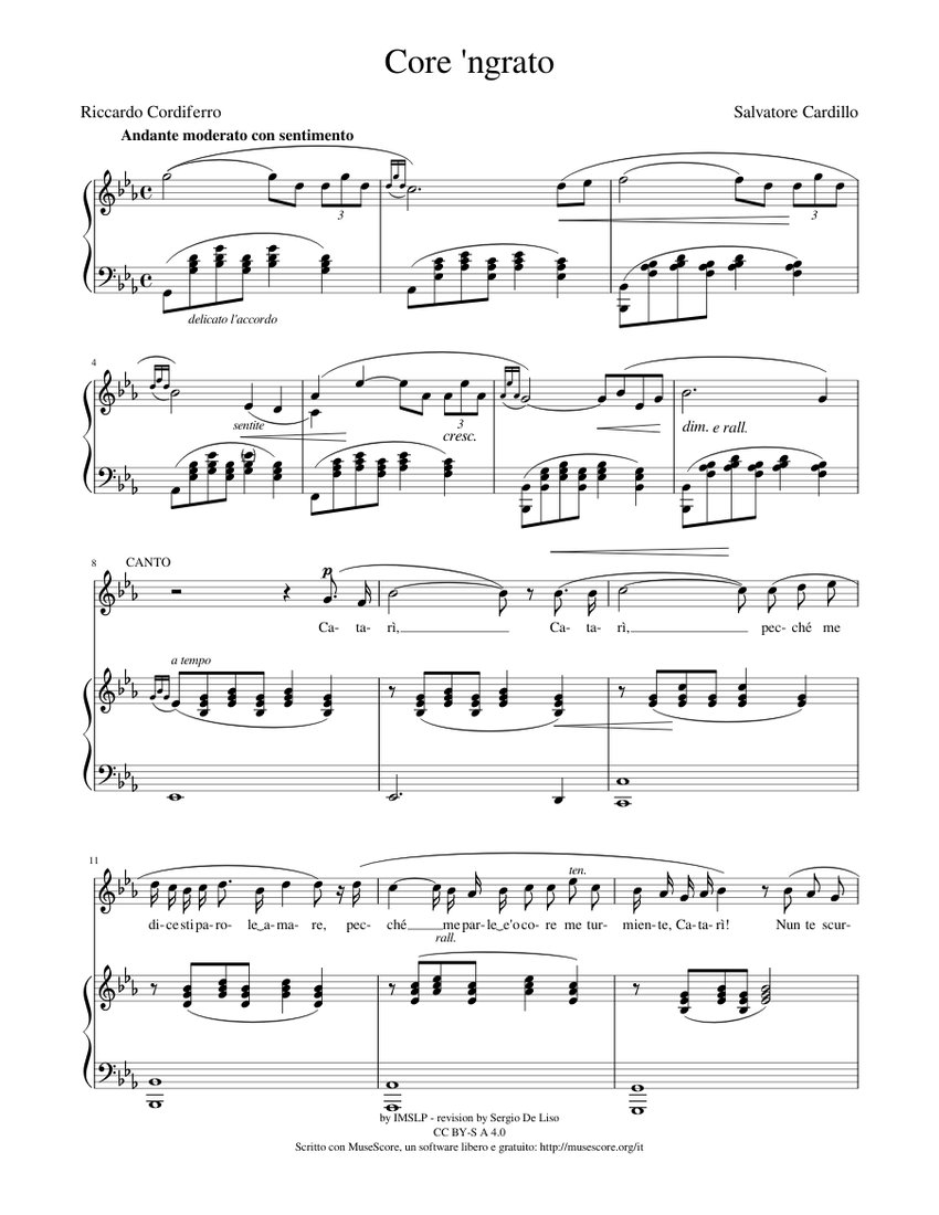 Core 'ngrato Sheet music for Piano, Vocals (PianoVoice)