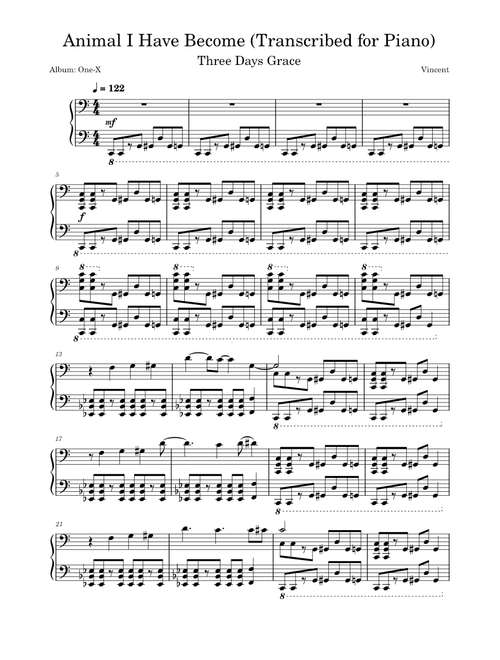 Three Days Grace - Animal I Have Become (Transcribed for Piano)
