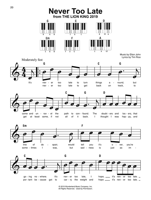 Never Too Late (from The Lion King 2019) - Elton John (Super Easy Piano)