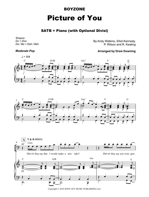 Picture Of You (Arr. Drew Downing) - Boyzone (Choral, SATB)