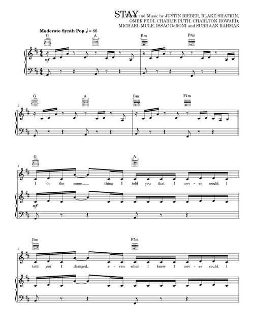 Stay - The Kid LAROI (Piano-Vocal-Guitar)