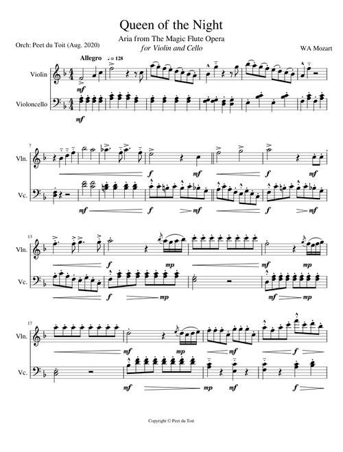 Queen of the Night from The Magic Flute, K.620 - WA Mozart  Violin & Cello