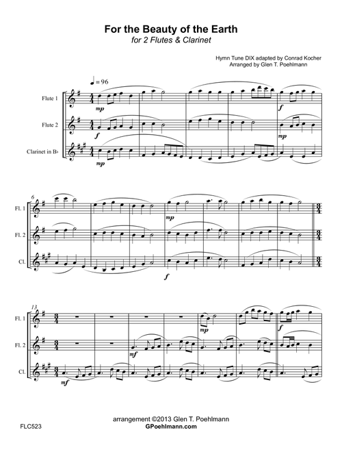 FOR THE BEAUTY OF THE EARTH - 2 FLUTES & CLARINET (unaccompanied) (Arr. Glen Poehlmann) - Conrad Kocher (Woodwind Ensemble)